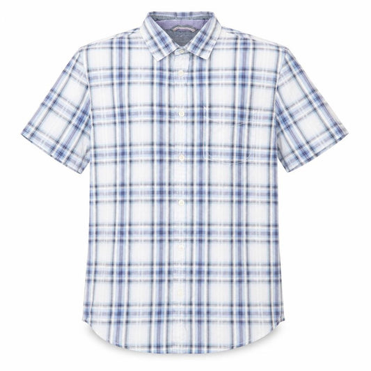 Front view of St George by Duffer men’s blue check cotton button-up, size M, collared - blue white grey check