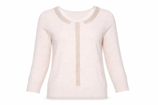 Front view of Oasis women’s beige round neck polyester jumper, size L, - glitter trim to collar and centre pinkish beige
