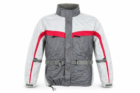 Front view of Crane Road men’s grey striped rain coat coat, size M, - grey red colourblock adjustable straps