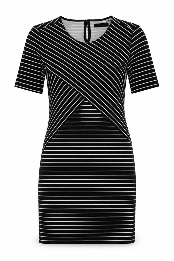 Front view of Papaya women’s black striped polyester bodycon, size UK 10, round neck