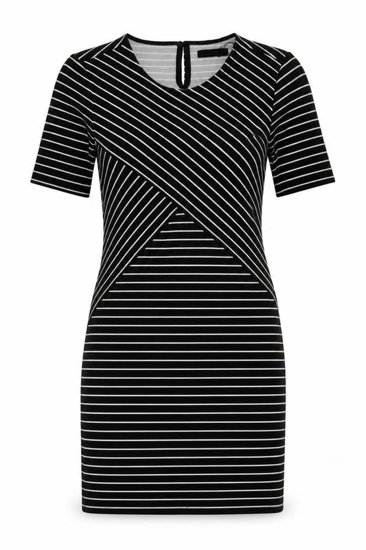 Front view of Papaya women’s black striped polyester bodycon, size UK 10, round neck
