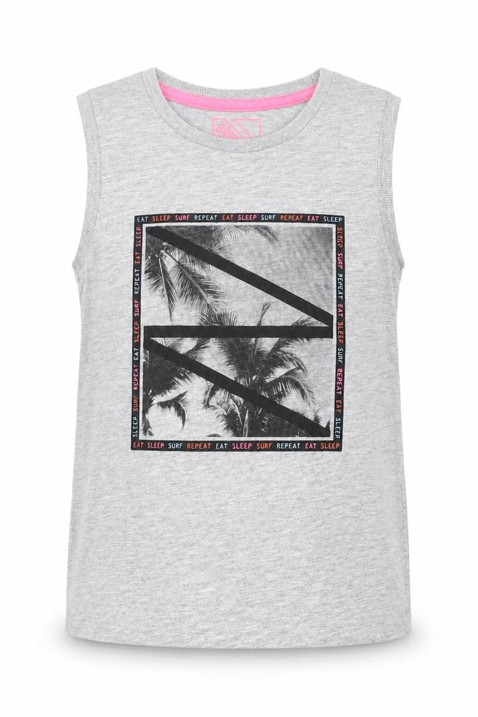 Front view of Matalan girls’ grey cotton basic tank, size 6, years round neck