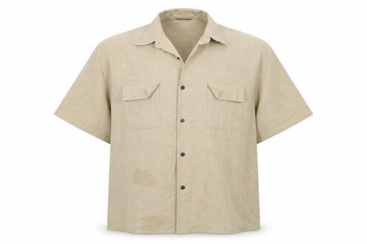 Front view of Urban Spirit men’s beige polyester button-up, size XL, collared