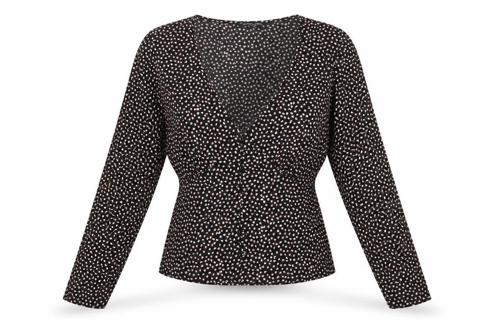Front view of Brave Soul women’s black floral polyester basic blouse, size S, v-neck