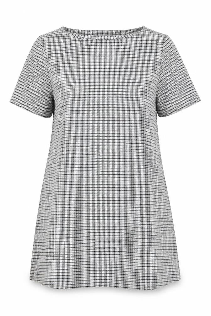 Front view of Avenue women’s grey check polyester a-line, size UK 14, round neck