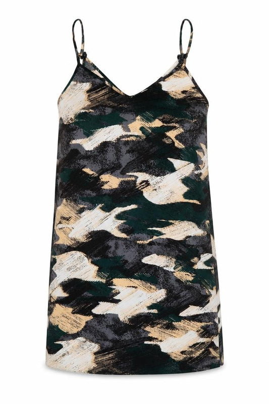 Front view of ASOS women’s multicoloured geometric polyester basic tank, size UK 8, v-neck