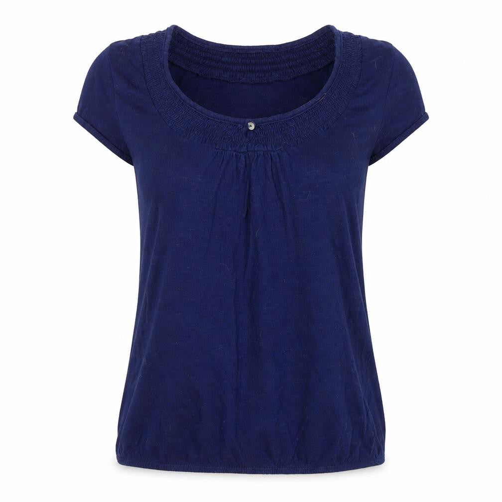 Front view of F&F women’s blue cotton basic blouse, size UK 10, scoop neck