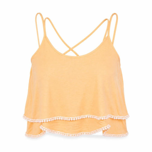 Front view of Primark women’s orange polyester cropped t-shirt, size UK 8, scoop neck - neon multi-layered