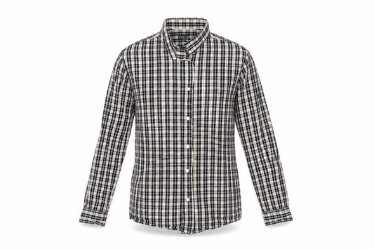 Front view of Easy men’s black check cotton button-up, size M, collared button - yellow