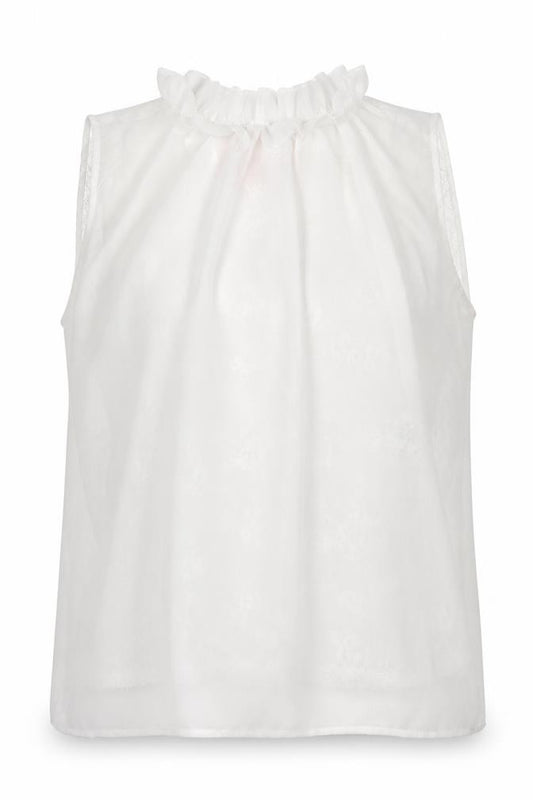 Front view of Grace and Mila women’s white floral polyester basic tank, size M, high neck - lace detail