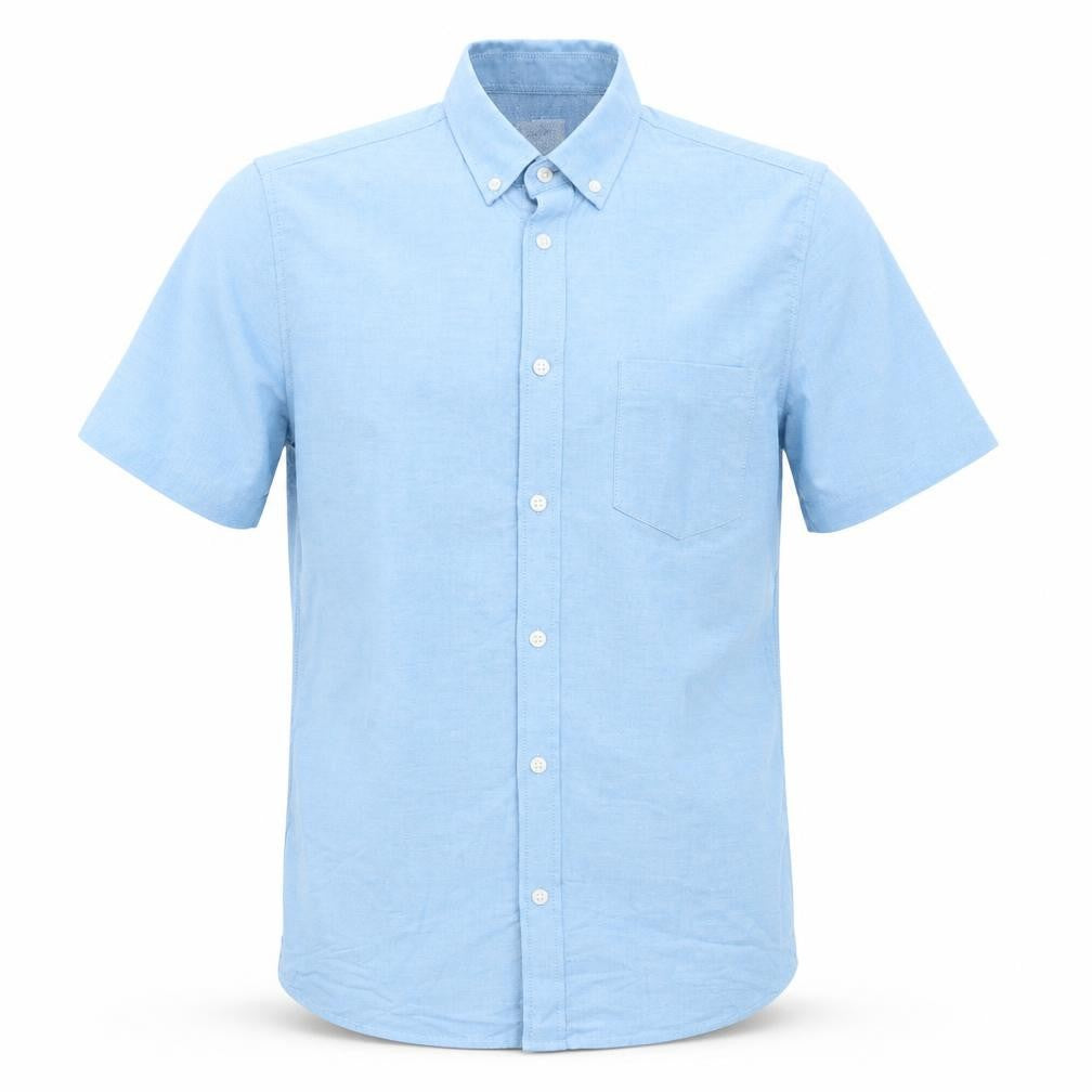 Front view of Burton men’s blue cotton button-up, size S, collared