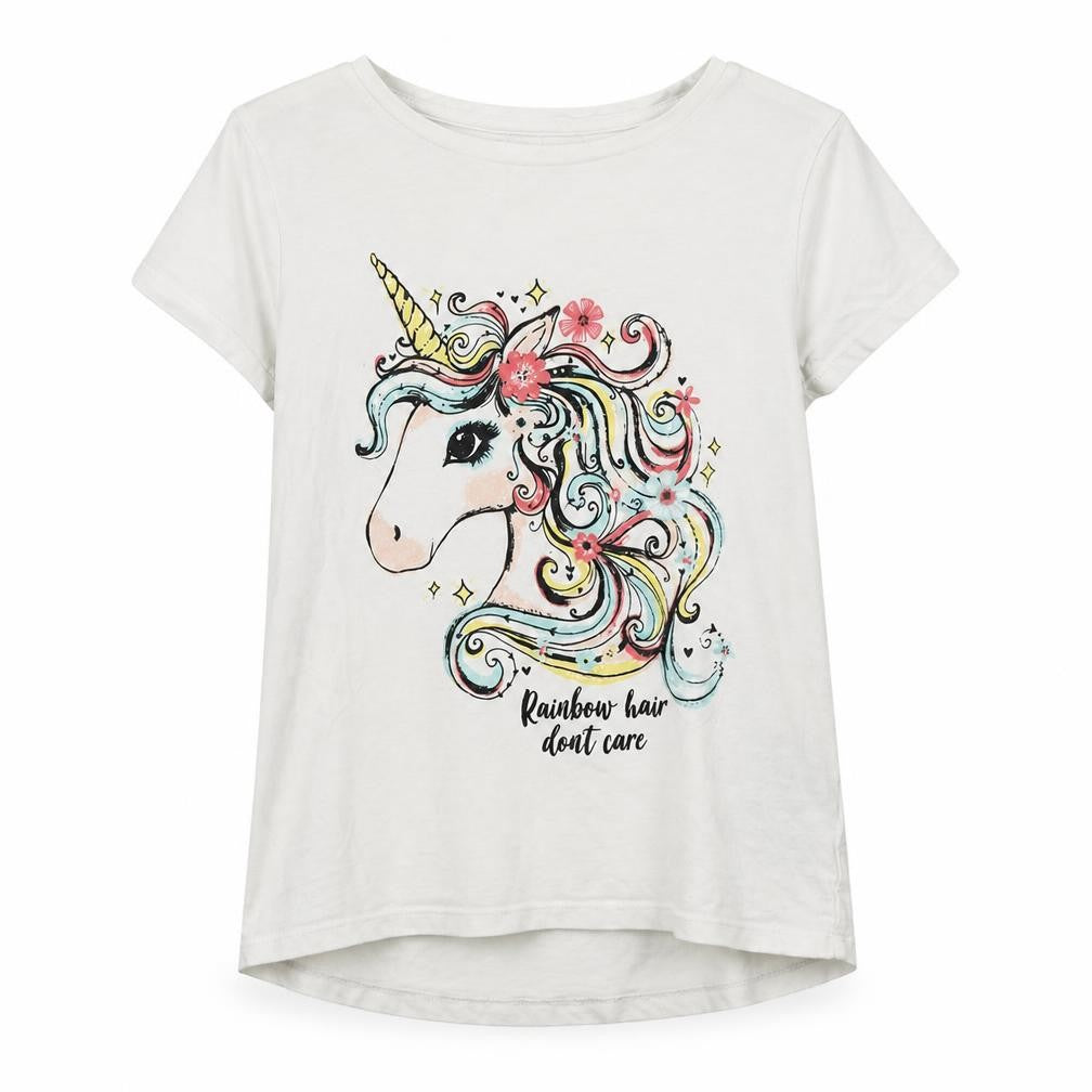 Nutmeg Girls White  Cotton Basic T-Shirt Size 12 Years Crew Neck  - Unicorn