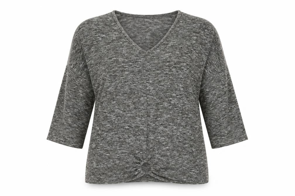 Front view of Papaya women’s grey v-neck polyester jumper, size UK 16