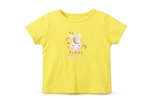 Front view of George Baby Yellow Cotton Basic T-Shirt, size 9-12, Months Crew Neck - Unicorn
