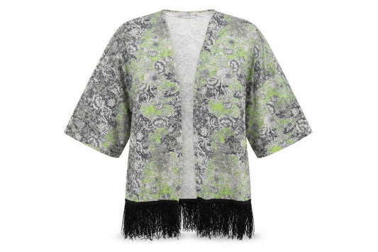 Front view of Primark women’s multicoloured v-neck paisley polyester cardigan jumper, size S