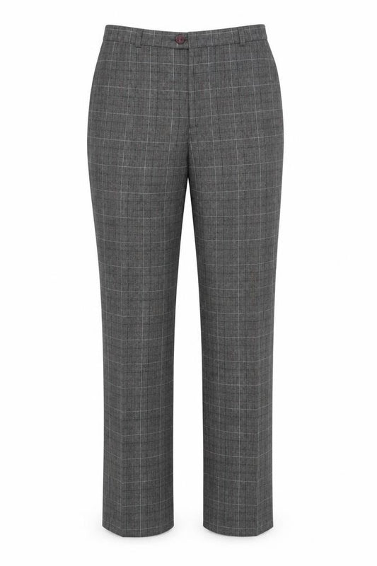 Front view of Classic Line women’s grey check polyester dress pants trousers, size UK 34, in, 29-inch leg regular
