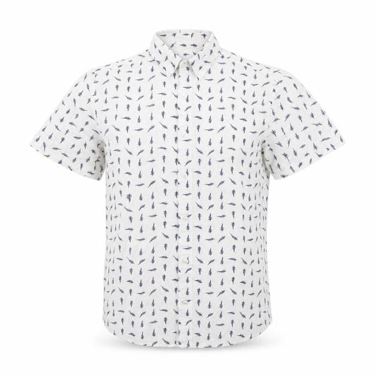 Front view of Burton men’s white floral cotton button-up, size S, collared
