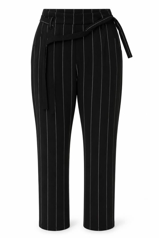 Front view of Cameo women’s black striped polyester trousers, size UK 8, 27-inch leg regular