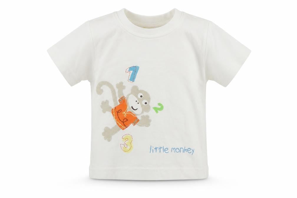 Front view of Tiny Ted Baby White Cotton Basic T-Shirt, size 6-9, Months Round Neck - Little Monkey