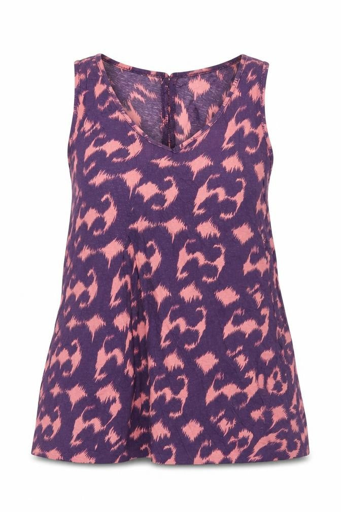 Front view of Topshop women’s blue geometric cotton basic tank, size UK 10, round neck