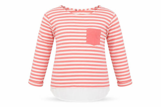 Front view of Atmosphere women’s red striped polyester basic t-shirt, size UK 8, round neck