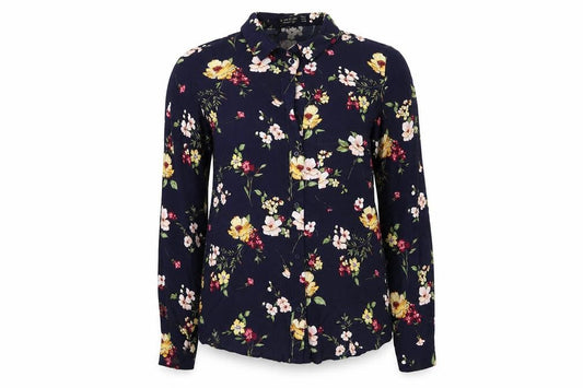 Front view of Bershka women’s blue floral viscose basic button-up, size S, collared