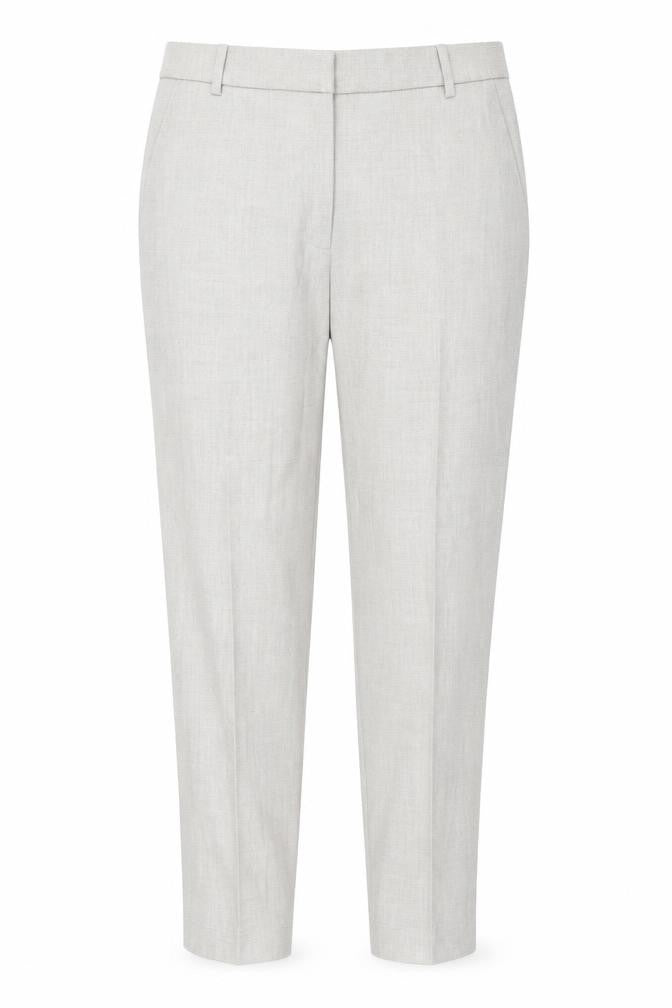 Front view of H7M women’s beige polyester carrot trousers, size UK 12, 26-inch leg regular