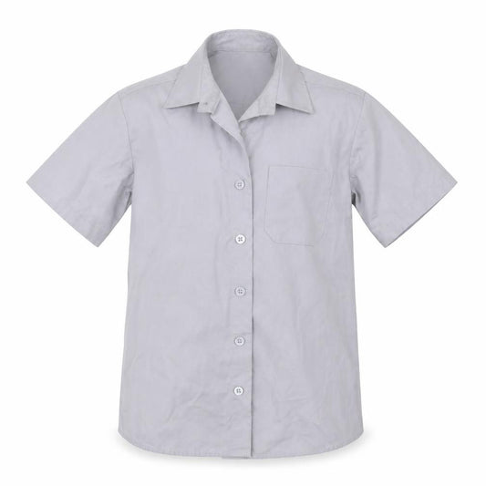 Front view of George boys’ grey polyester basic button-up, size 7-8, years collared button