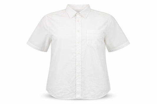 Front view of Marks & Spencer women’s white polyester basic button-up, size UK 16, collared