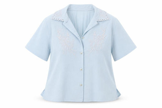 Front view of Anne Smith women’s blue polyester basic button-up, size UK 14, collared