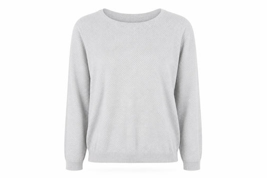 Front view of Vero Moda women’s grey round neck cotton jumper, size XL, - fine open knit pale grey