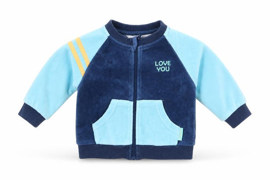 Front view of Cocco Drillo boys’ blue colourblock cotton cardigan jumper, size 3-6, months - love you navy turquoise yellow