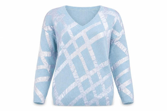 Front view of ASOS women’s blue v-neck acrylic jumper, size UK 6