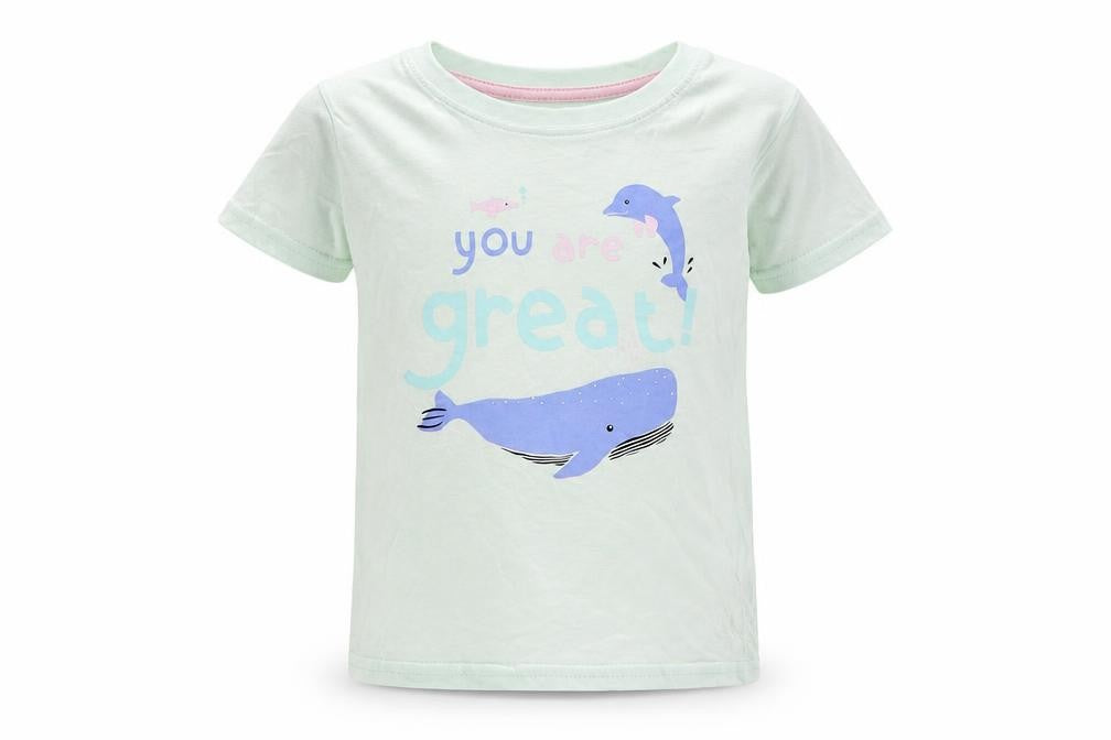 Front view of Primark girls’ green cotton basic t-shirt, size 2-3, years round neck