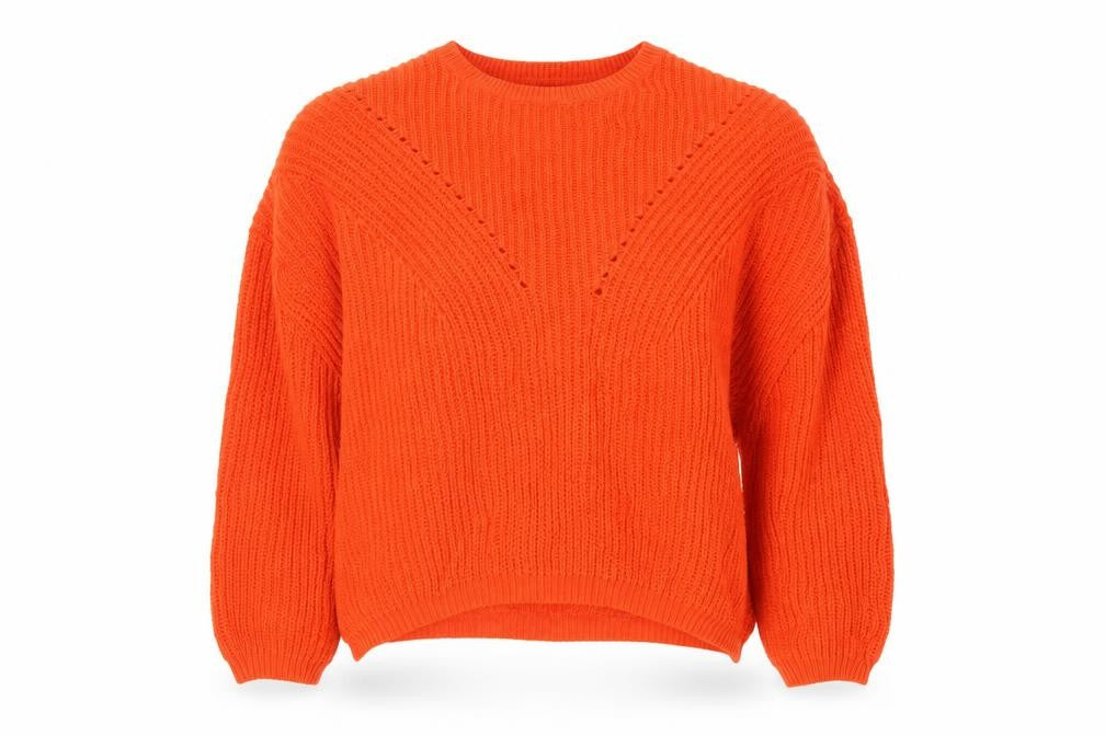 Front view of Peacocks women’s orange acrylic pullover sweatshirt, size L
