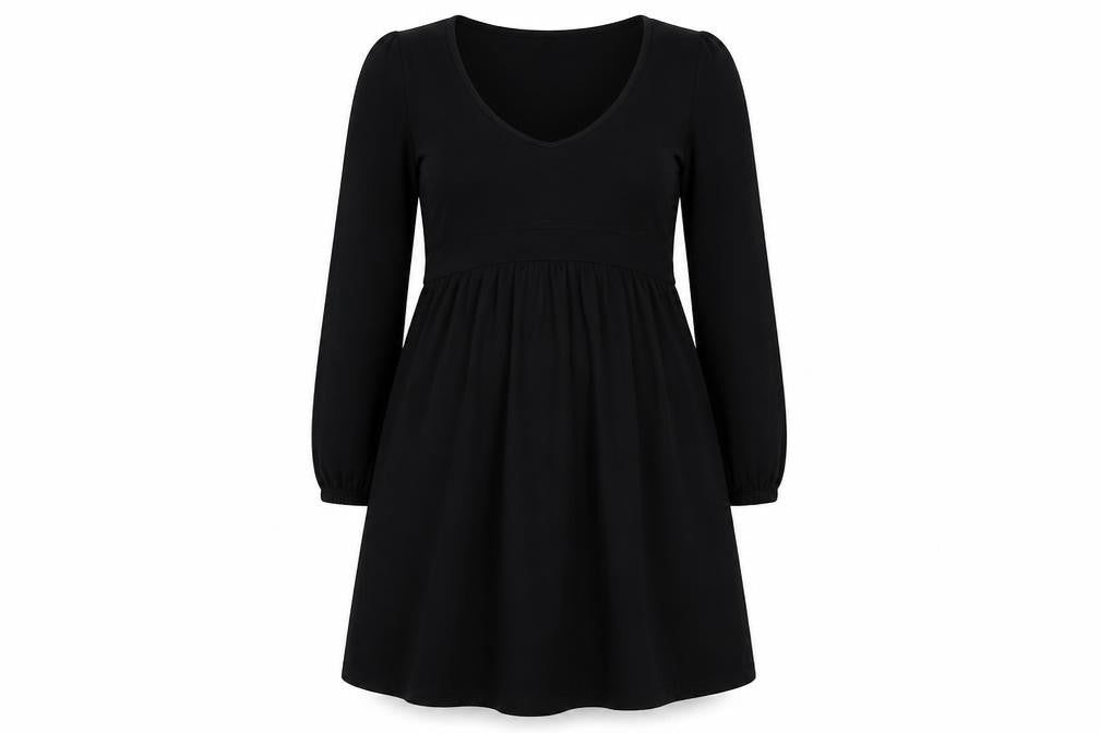 Front view of Boohoo women’s black a-line, size UK 10, round neck