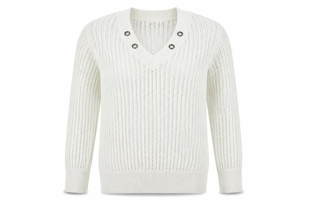 Front view of Papaya women’s white v-neck polyester jumper, size M