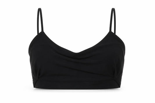 Front view of PRETTYLITTLETHING women’s black polyester camisole t-shirt, size UK 10, cowl neck