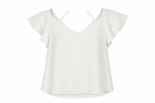 Front view of River Islamd women’s ivory polyester basic blouse, size UK 12, v-neck