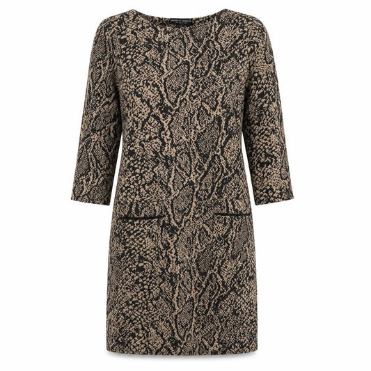 Front view of Dorothy Perkins women’s multicoloured animal print polyester a-line, size UK 12, round neck