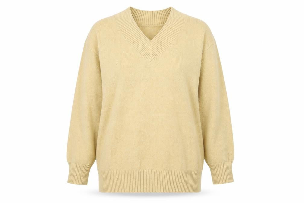 Front view of Papaya women’s beige v-neck polyester jumper, size M