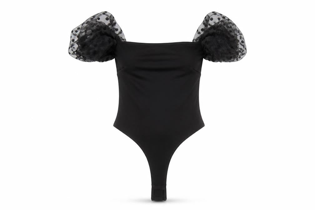 Front view of Miss Selfridge women’s black polyester bodysuit one-piece, size UK 4