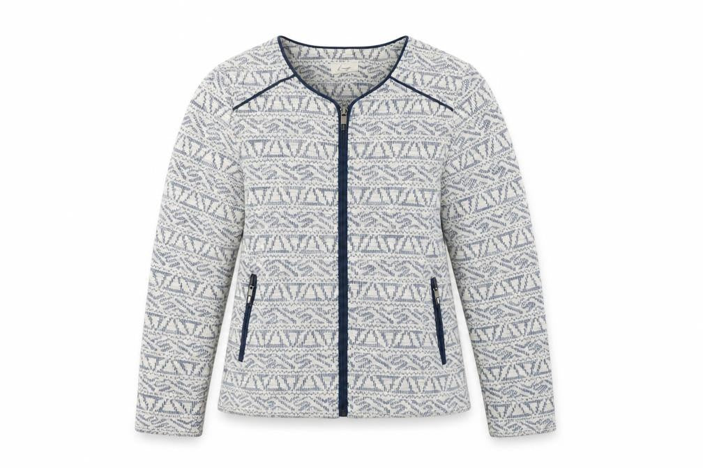 Front view of Linea women’s blue geometric jacket blazer, size UK 14