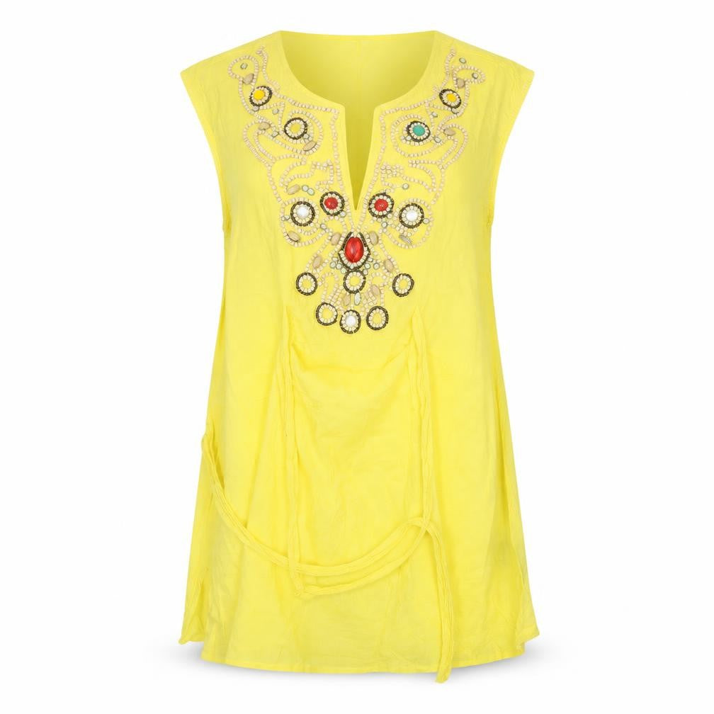 Front view of Zara women’s yellow cotton basic blouse, size L, v-neck