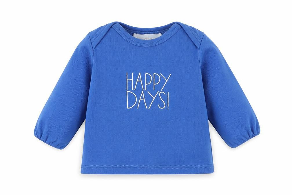 Front view of Bob & Blossom boys’ blue cotton basic t-shirt, size 6-9, months round neck