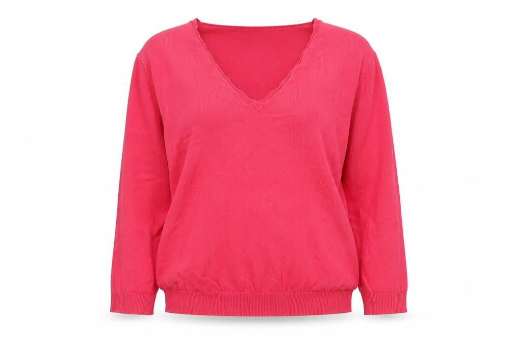 Front view of Marks & Spencer women’s pink v-neck viscose jumper, size UK 12