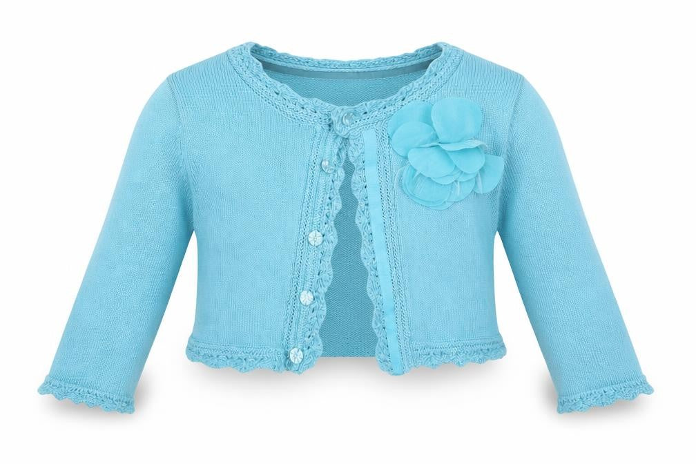 MW Butterfly Girl Girls Blue Round Neck Floral Cotton Cardigan Jumper Size 5-6 Years   - Faux Flower - Turquoise