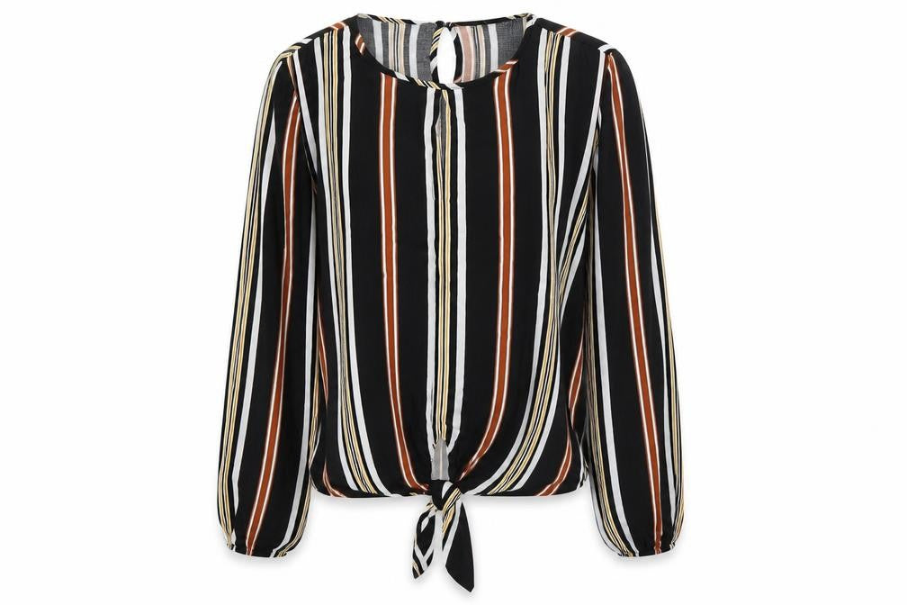 Front view of New Look women’s black striped viscose basic blouse, size UK 12, round neck