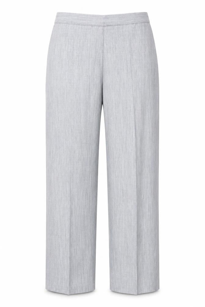 Front view of Preworn women’s grey polyester trousers, size UK 14, 28-inch leg regular