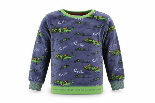 Front view of Marks & Spencer boys’ blue animal print polyester pyjama top, size 18-24, months - crocodile print